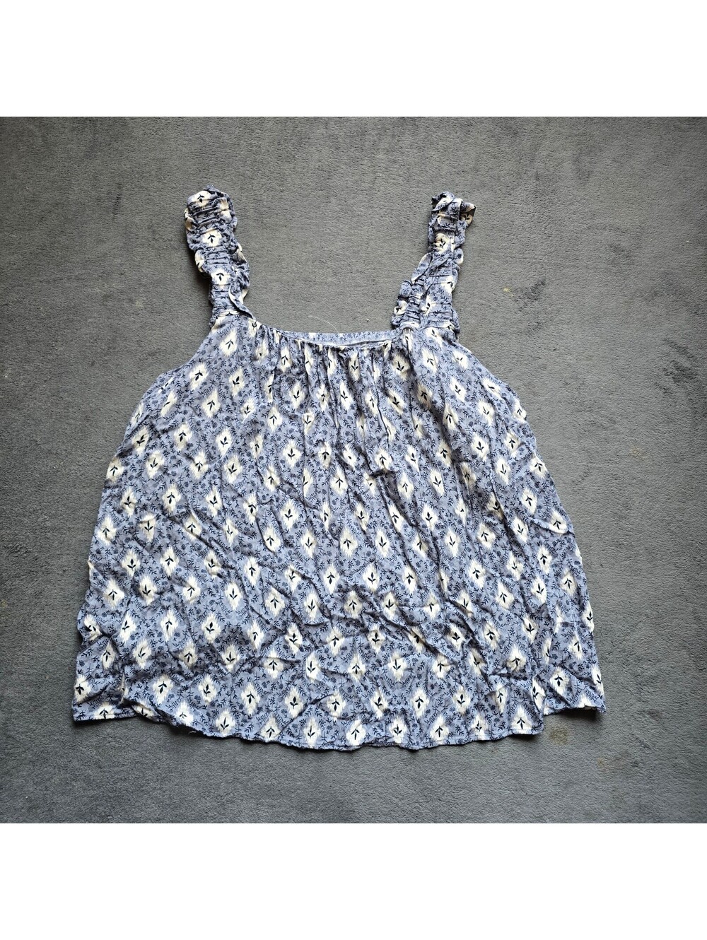 Maurices Womens 2X Blue Ikat Print Tank Top Ruffle Strap Sleeveless Blouse